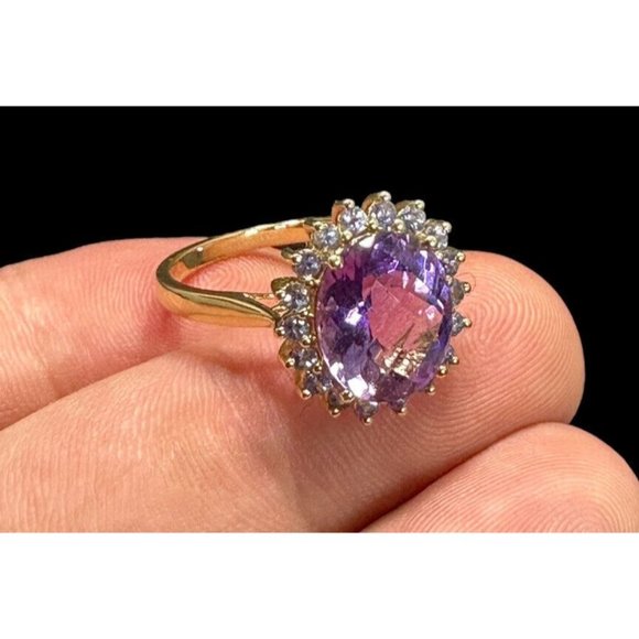 10k FP Ring Yellow Gold Oval Cut Amethyst Blue Topaz Halo Band Size 10 Signed - Picture 5 of 9